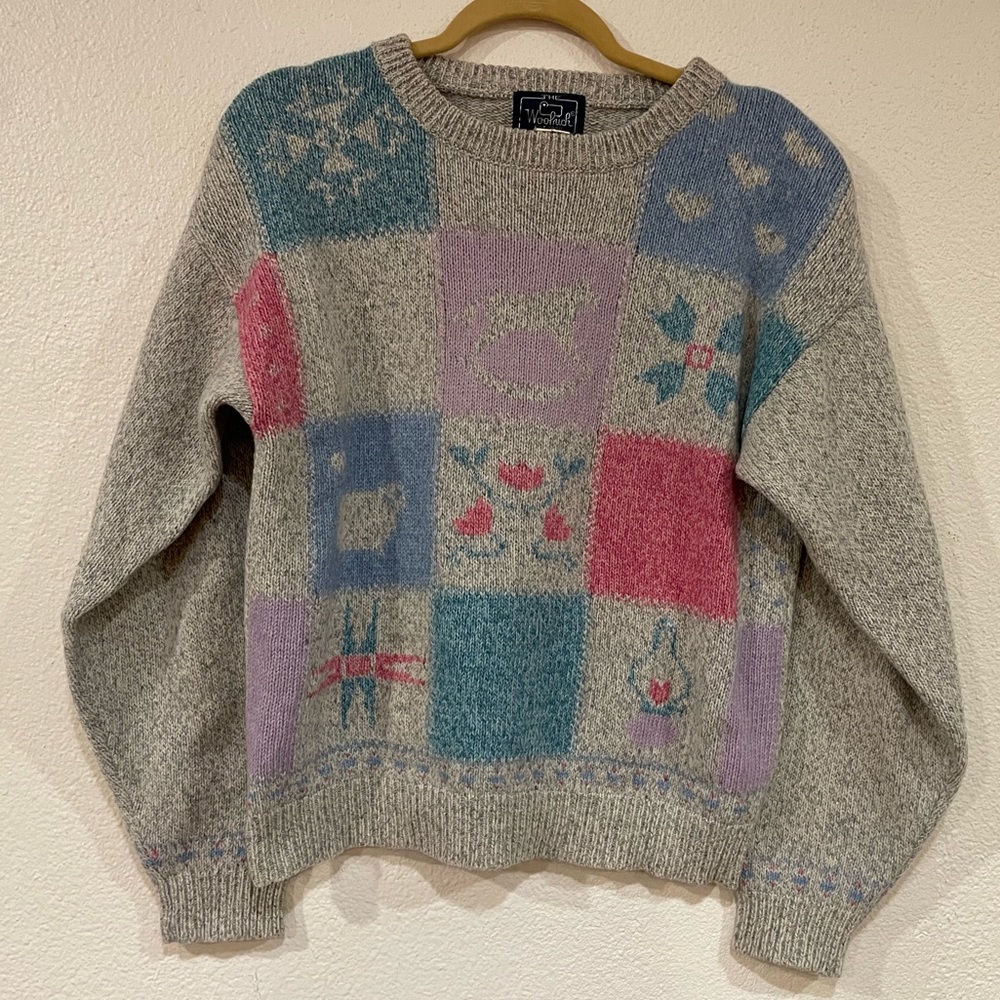 Woolrich Wool Vintage Floral Pastel Motif Square Chunky Knit Checkered Sweater